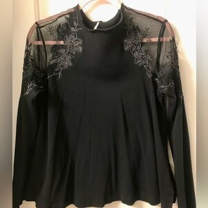 Free People Gothic Black Mesh Floral Embroidered Cold Shoulder Top Medium